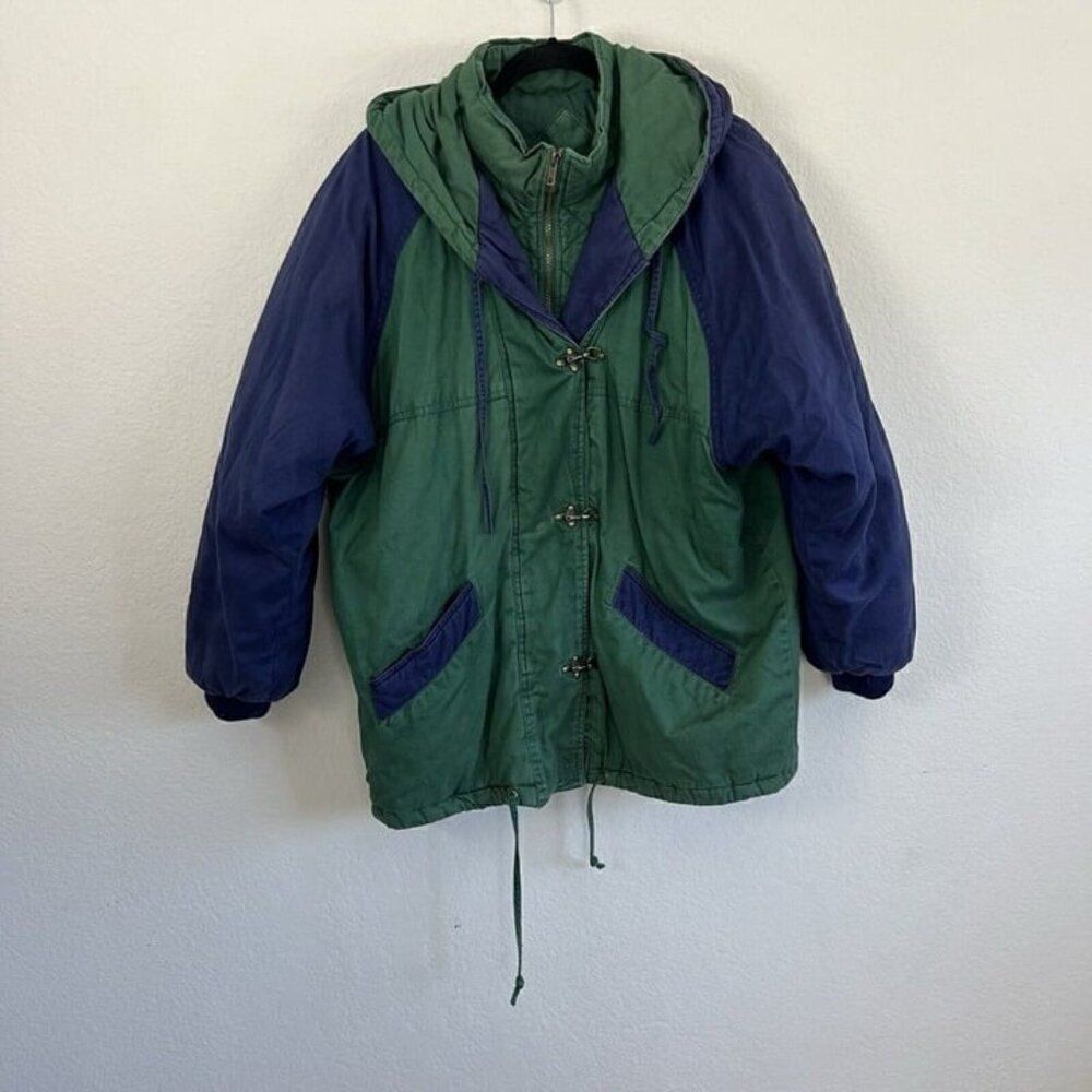 Mariel Vintage 90s Womens Hooded Winter Jacket Green & Blue Colorblock Size Lrg
